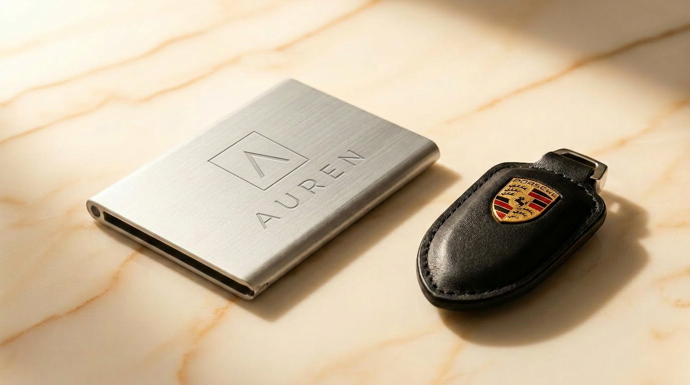 AUREN aluminium wallet next to a Porsche key on marble